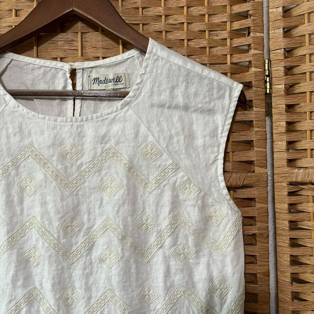 Madewell White Linen Embroidered Lined Sandwave Boho Sleeveless Dress Size Small - Picture 3 of 12